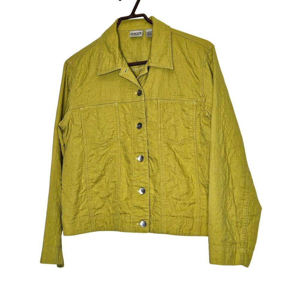 Chicos Size 1 S Yellow Textured Button-Up‎ Jacket Cotton Lightweight Casual Fit